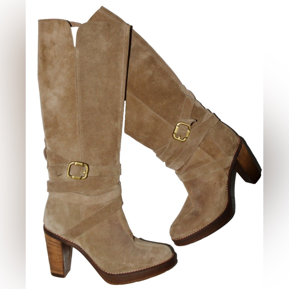 RAS SZ 7 7.5 M 38 BEIGE TAN SUEDE BUCKLES PLATFORM KNEE HIGH BOOTS SPAIN